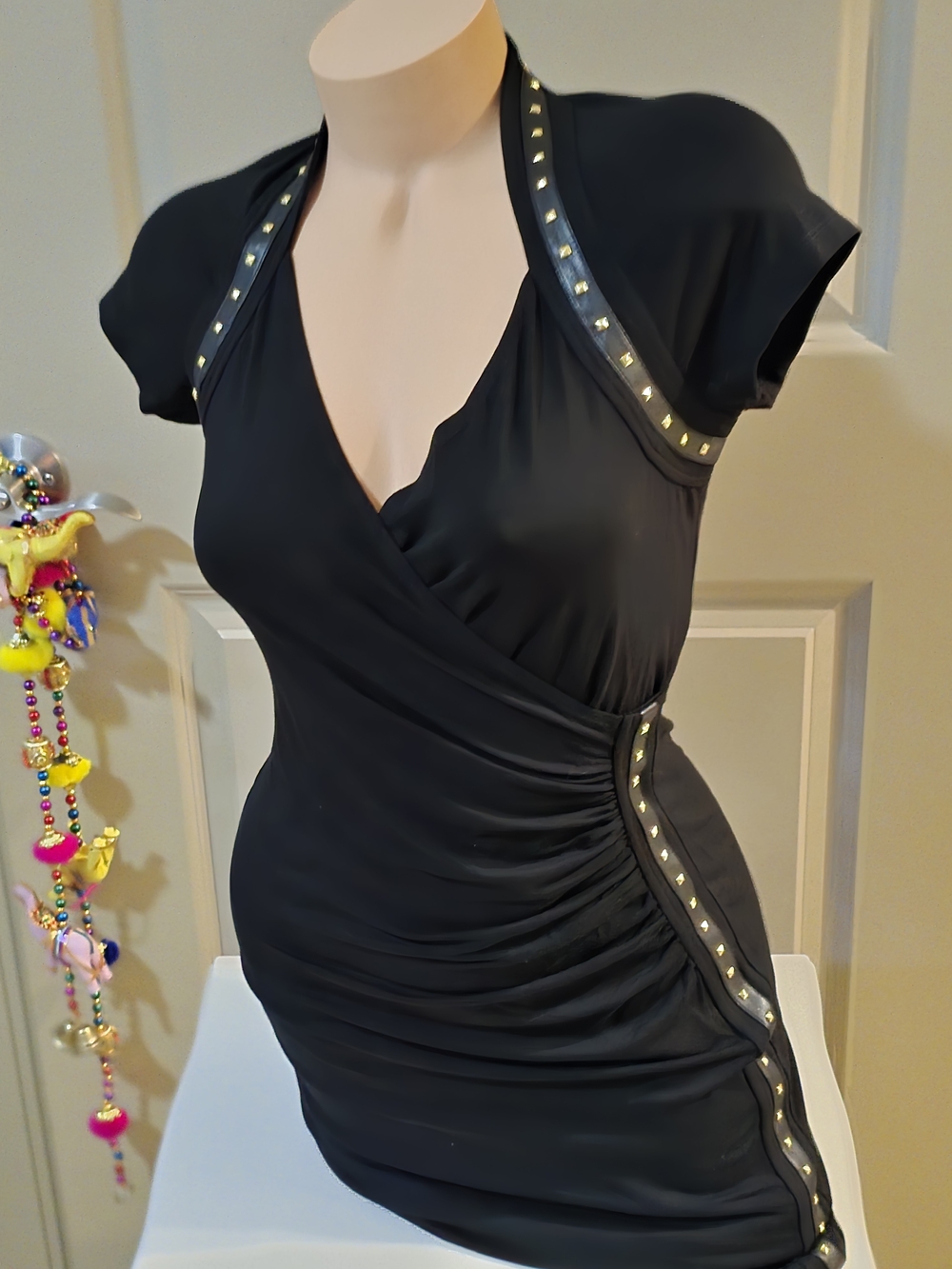 Carmen Marc Valvo Black Stud-Trim Ruched Wrap Mini Dress